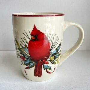 Lenox Winter Greetings hot cocoa mug cardinal Catherine McClung pierced handle